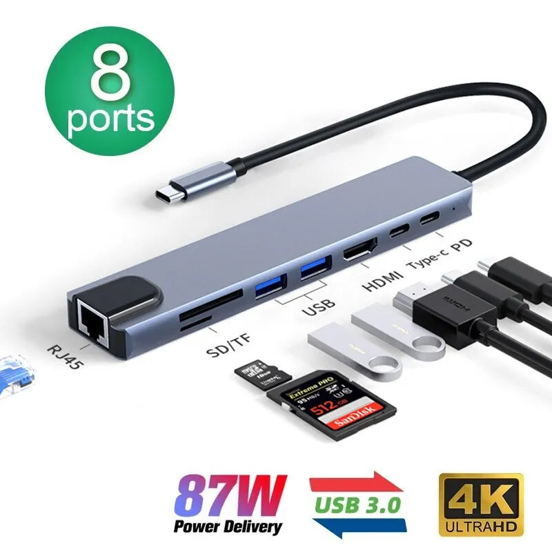 8in1 USB Type C Splitter 4K Docking Station With A Laptop Adapter