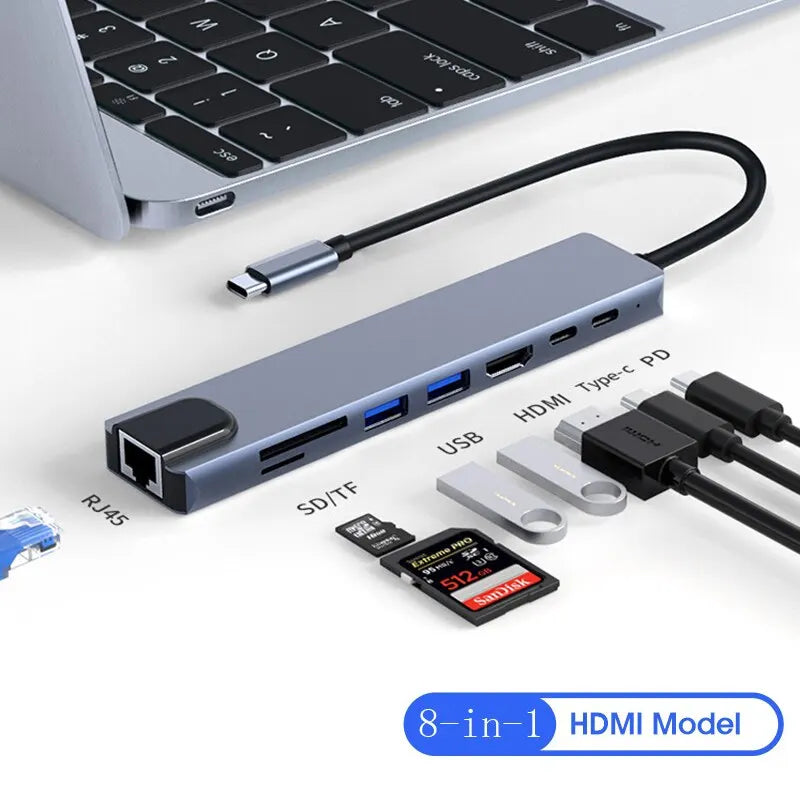 8in1 USB Type C Splitter 4K Docking Station With A Laptop Adapter