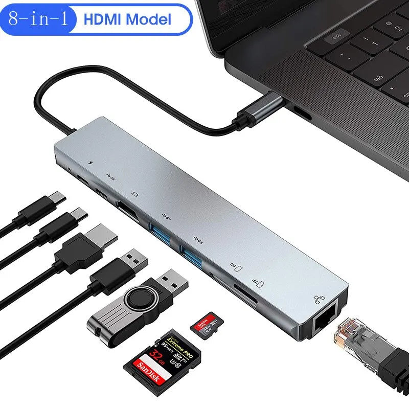 8in1 USB Type C Splitter 4K Docking Station With A Laptop Adapter