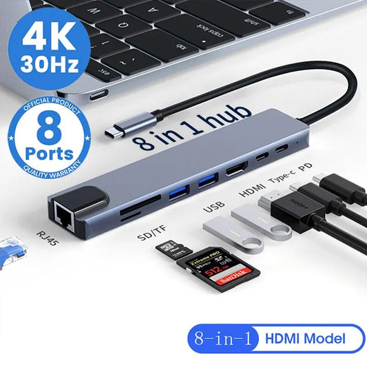 8in1 USB Type C Splitter 4K Docking Station With A Laptop Adapter