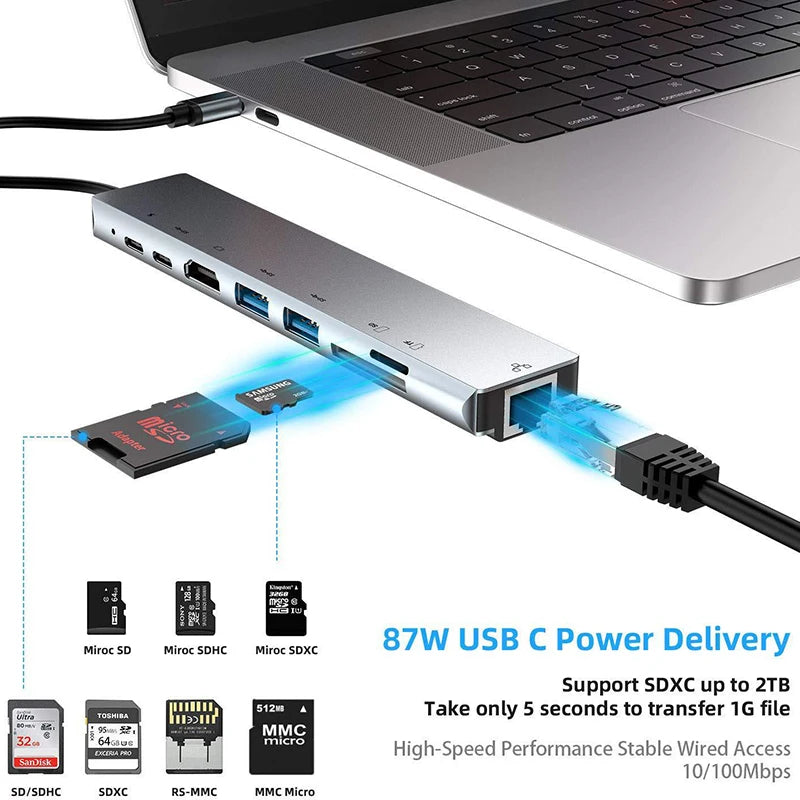 8in1 USB Type C Splitter 4K Docking Station With A Laptop Adapter